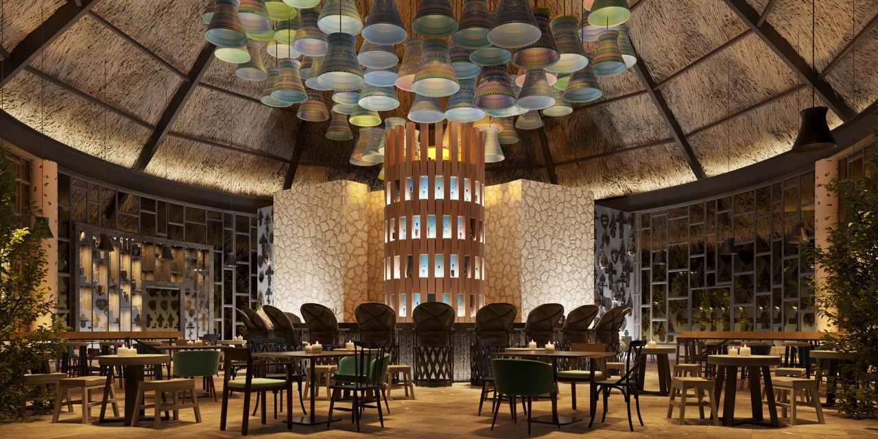 Artful palapa restaurant at Hotel Xcaret Arte with a colorful hanging-art ceiling