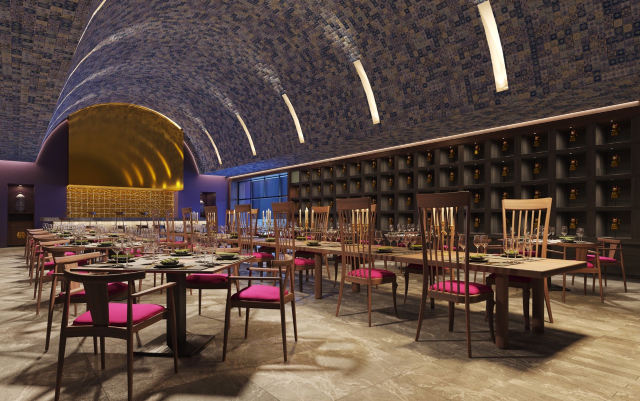 Vaulted mosaic fine-dining room at Hotel Xcaret Arte with bright fuchsia chairs